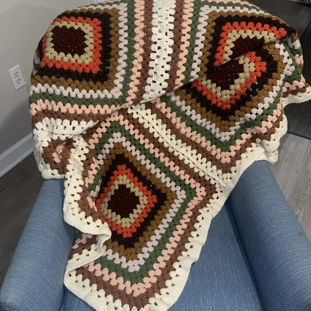 LARGE Granny Square Hand-Crochet Blanket Cream Pink Brown Sage 88x67 inches